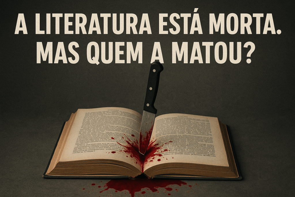 Imagem de um livro cravado com uma faca. Escrito na parte superior "A literatura está morta. Mas quem a matou?"